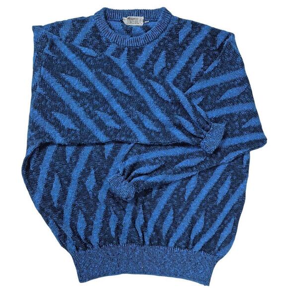 VTG Franco Ziche Italy Blue /Black Cotton Sweater Tundra Coogi Style 80s 90s XL - Picture 3 of 9